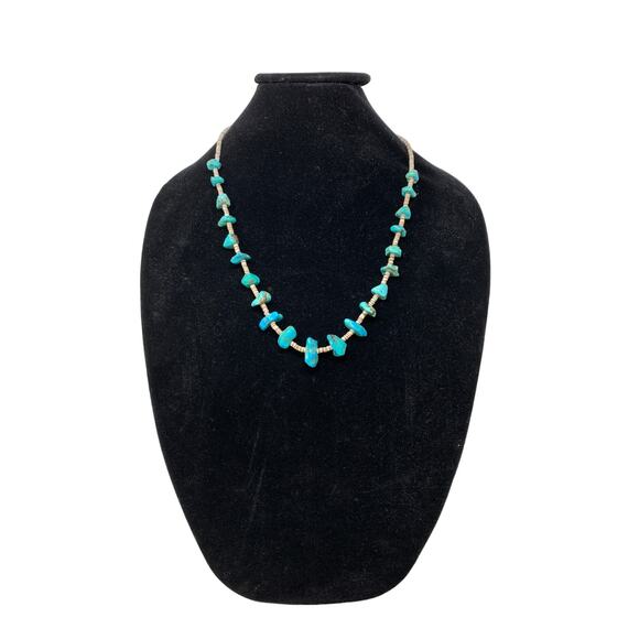 Vintage Turquoise Nugget Heishe Bead Necklace Silver Tone Clasp - Picture 1 of 7